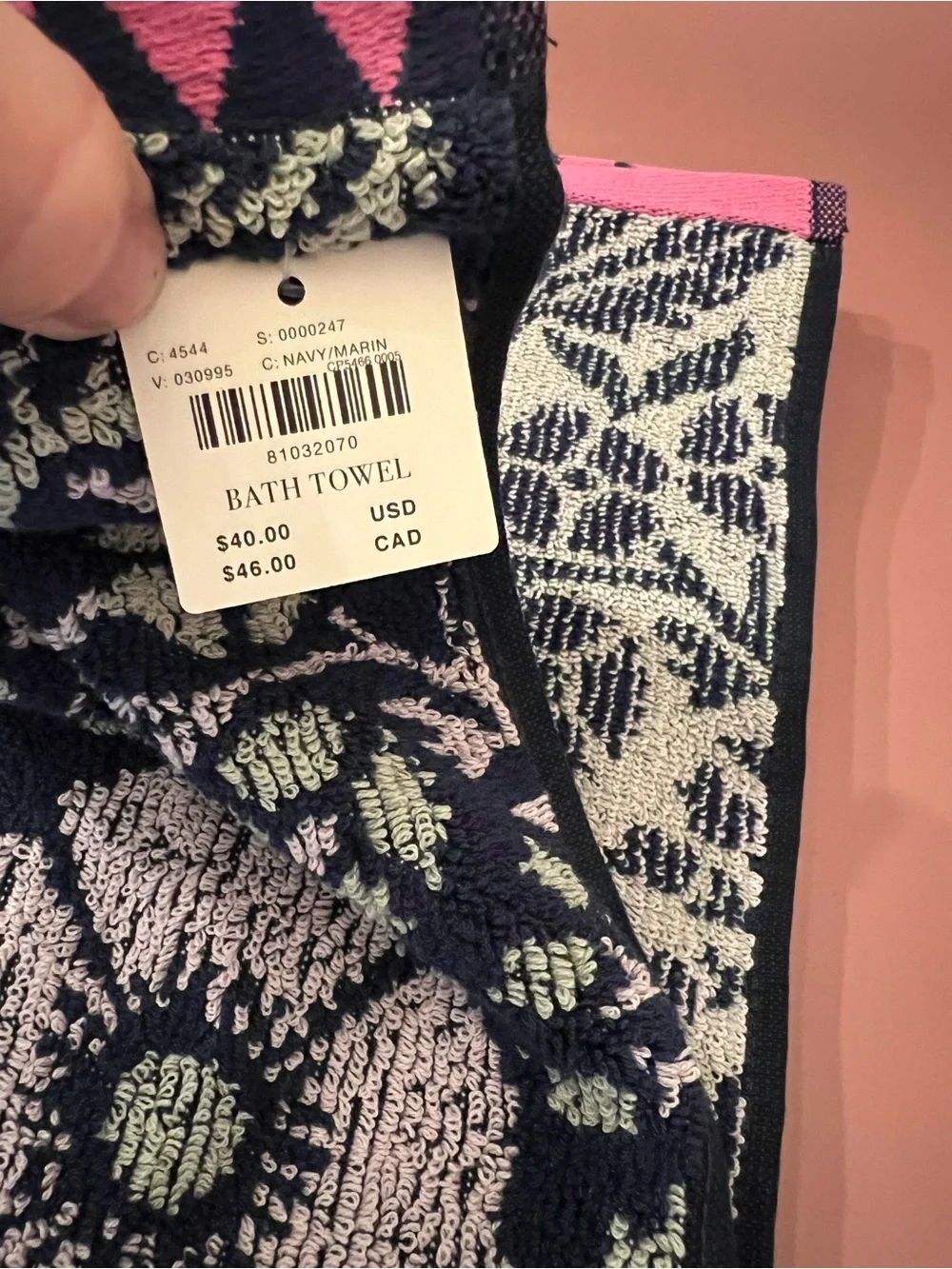 Anthropologie Ellen Merchant Bath Towel, Floral Navy and Pink